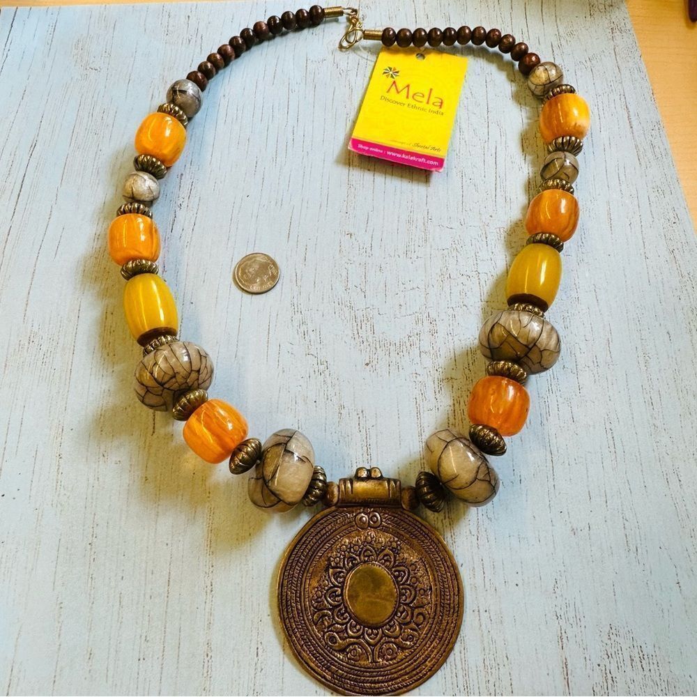 Mela Chunky Glass‎ Bead Brass Medallion Necklace